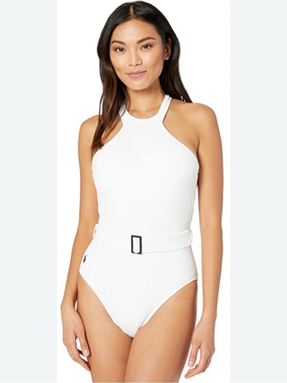POLO Ralph Lauren White Ribbed Halter Belted One-Piece Swimsuit - Women - medium